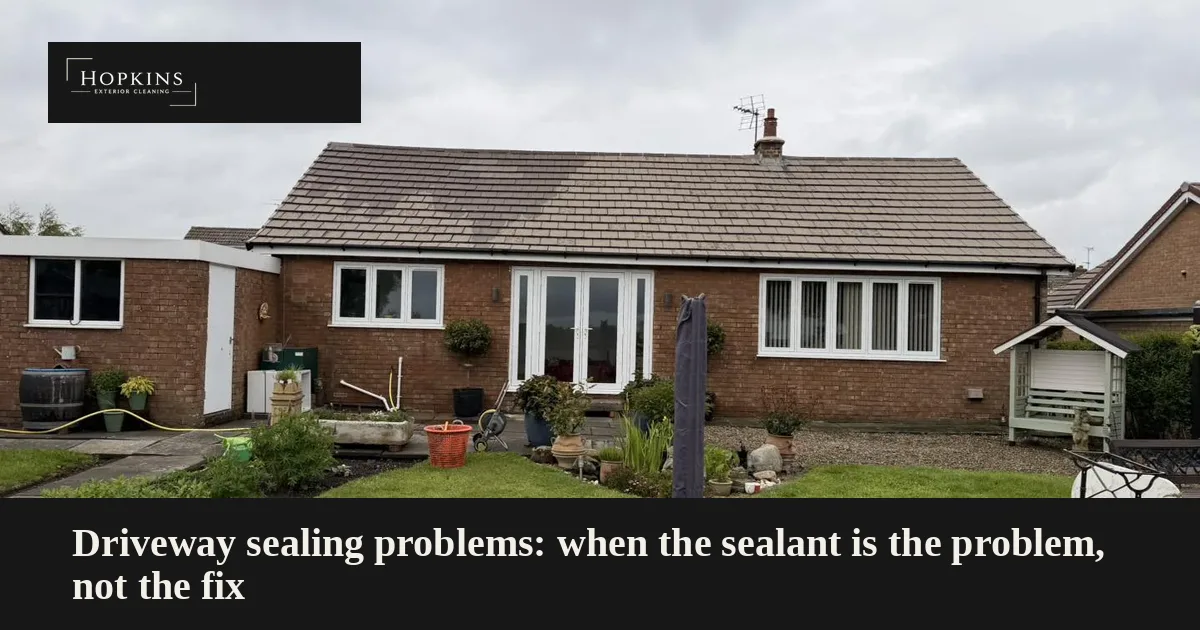 Driveway sealing problems on a Thirsk block paved drive, old sealant peeling off in flakes beside clean block